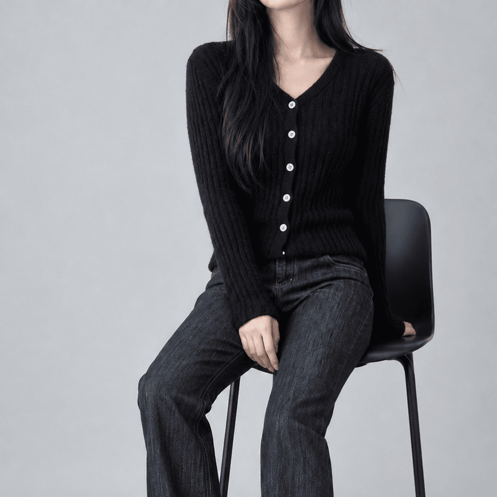 힐펄 슬림 알파카 니트 가디건 블랙