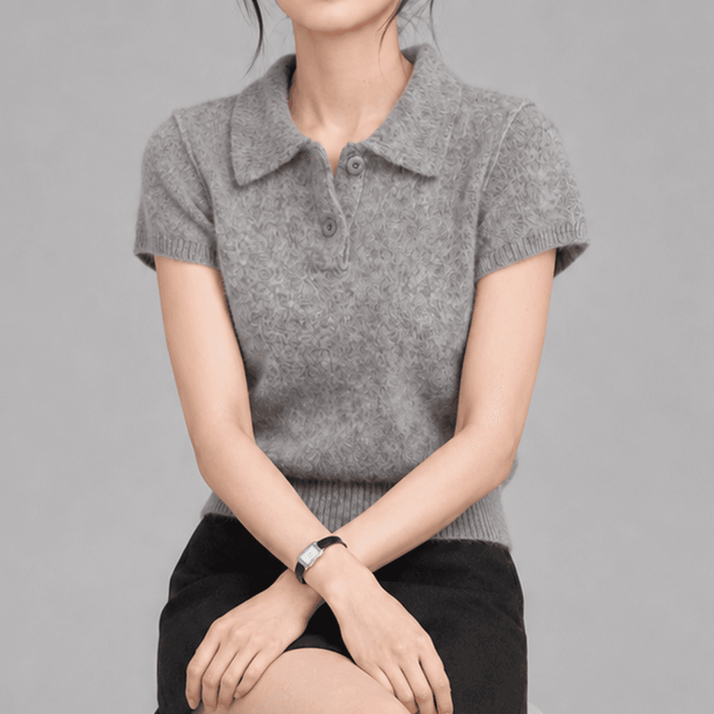 레인모스 포근 카라 반팔 니트탑 그레이