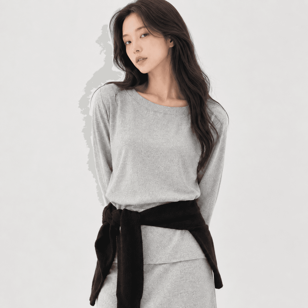 코마 쫀쫀 스판 오프숄더티 롱스커트 세트 멜란지 그레이