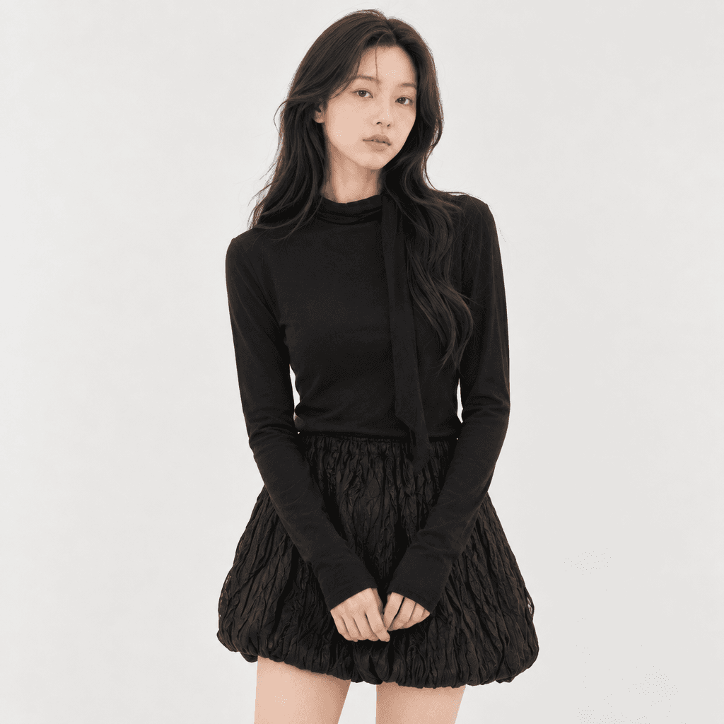데일리 슬림핏 긴팔 티셔츠 머플러 세트 블랙