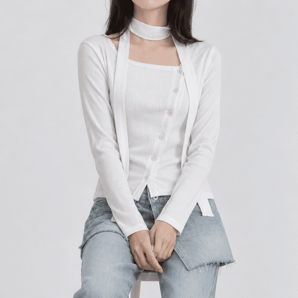 봄 슬림핏 가디건 티셔츠 언발 스카프 화이트