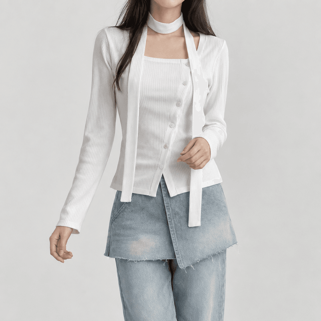 봄 슬림핏 가디건 티셔츠 언발 스카프 화이트