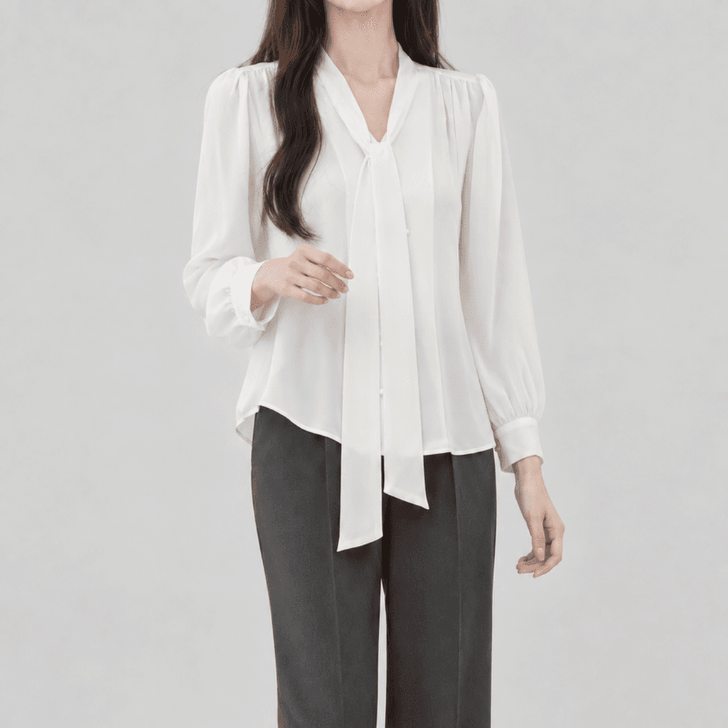 가을 타이넥 루즈핏 블라우스 화이트