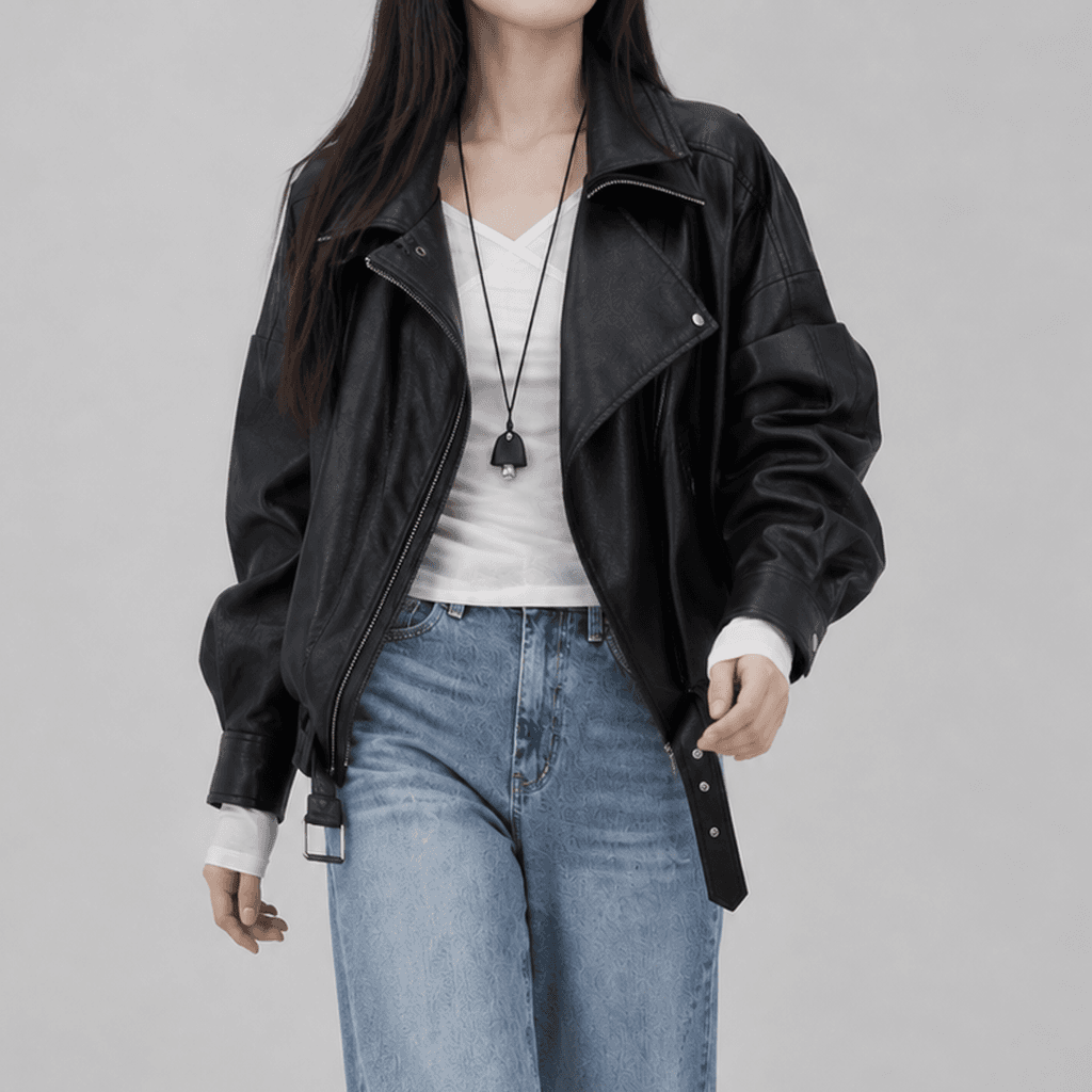 스틸밀크 하이넥 크롭 레더 라이더 자켓 블랙