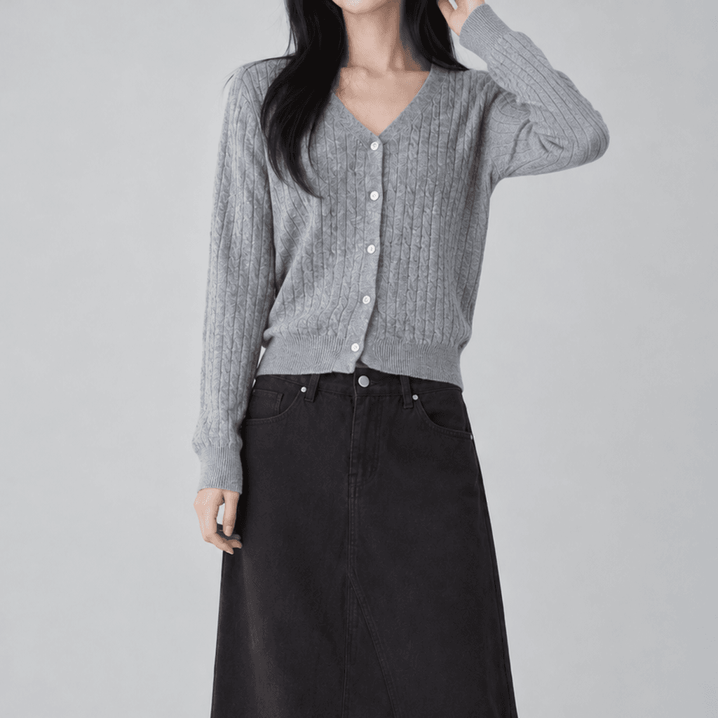 스틸듀 베이직 울 브이넥 꽈배기 가디건 그레이