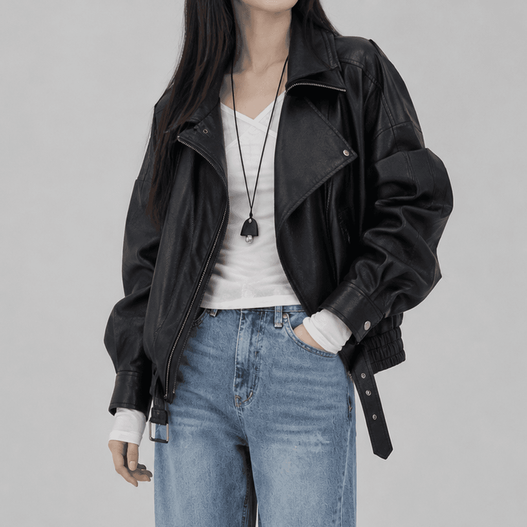 스틸밀크 하이넥 크롭 레더 라이더 자켓 블랙