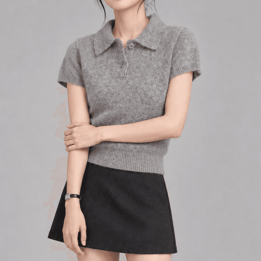 레인모스 포근 카라 반팔 니트탑 그레이